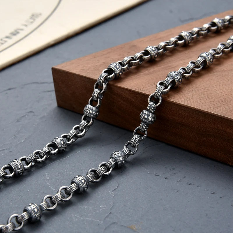 Spiritual Abacus™ Silver Six-Character Pendant Necklace – Vintage Men’s Retro Chain with Artistic Mantra Design