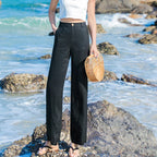 🌿 Spiritual Abacus – Women's High-Waist Cotton Linen Beach Pants - Loose Fit • Wide-Leg • Korean-Inspired Boho Trousers in Black & White
