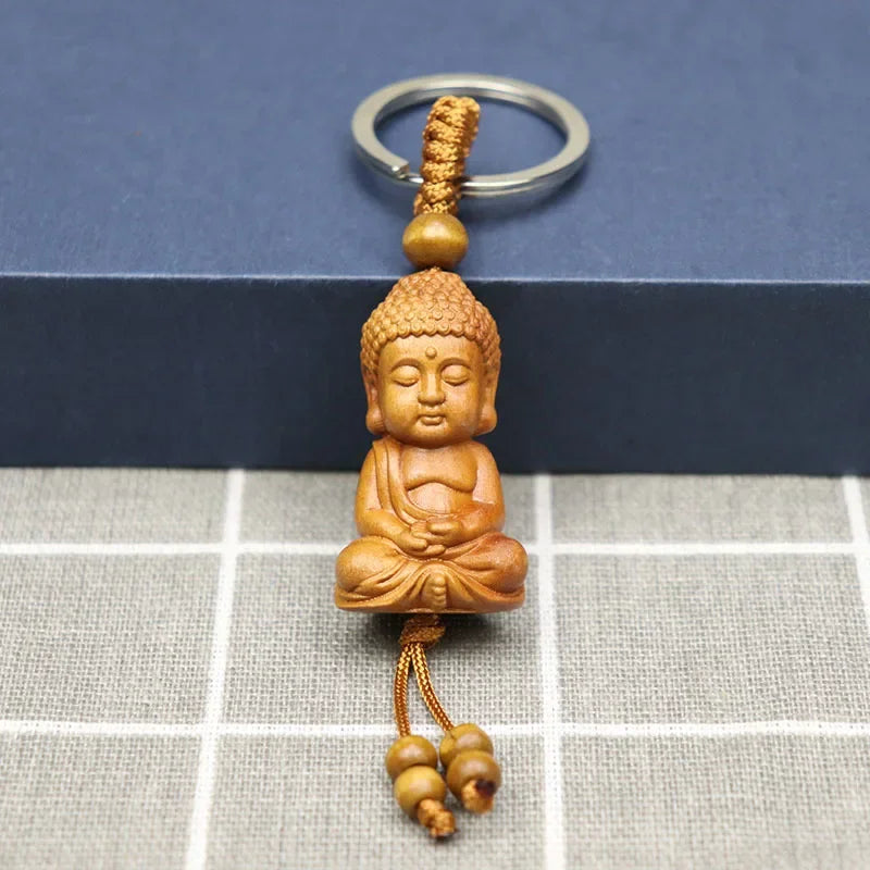 Spiritual Abacus™ Wooden Buddha Keychain – Hand-Carved Guanyin & Monk-Inspired Lucky Charm Pendant for Car, Bag & Keys