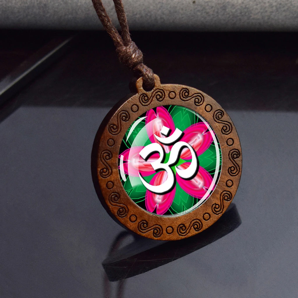 Spiritual Abacus™ Wooden OM Pendant Necklace – Symbol Glass Dome Yoga & Meditation Jewelry