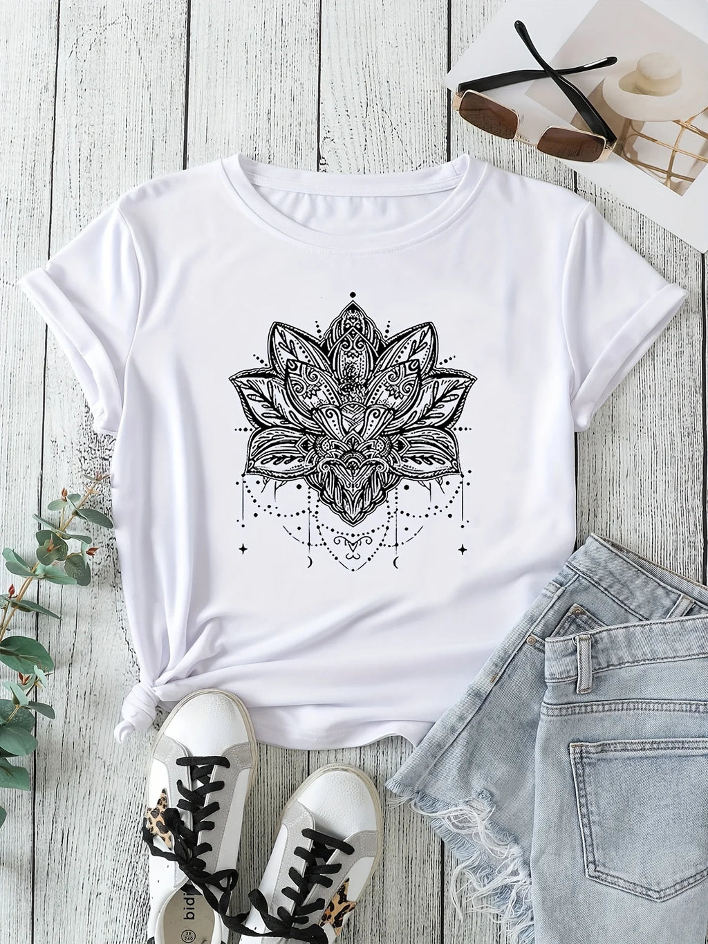 👚Spiritiual Abacus Plus Size Casual T-shirt, Women's Plus Mandala Print Short Sleeve Round Neck Slight Stretch T-shirt