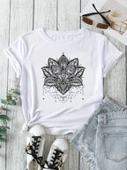 👚Spiritiual Abacus Plus Size Casual T-shirt, Women's Plus Mandala Print Short Sleeve Round Neck Slight Stretch T-shirt