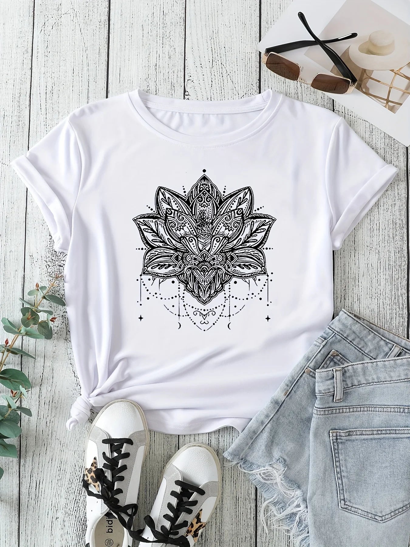 👚Spiritiual Abacus Plus Size Casual T-shirt, Women's Plus Mandala Print Short Sleeve Round Neck Slight Stretch T-shirt