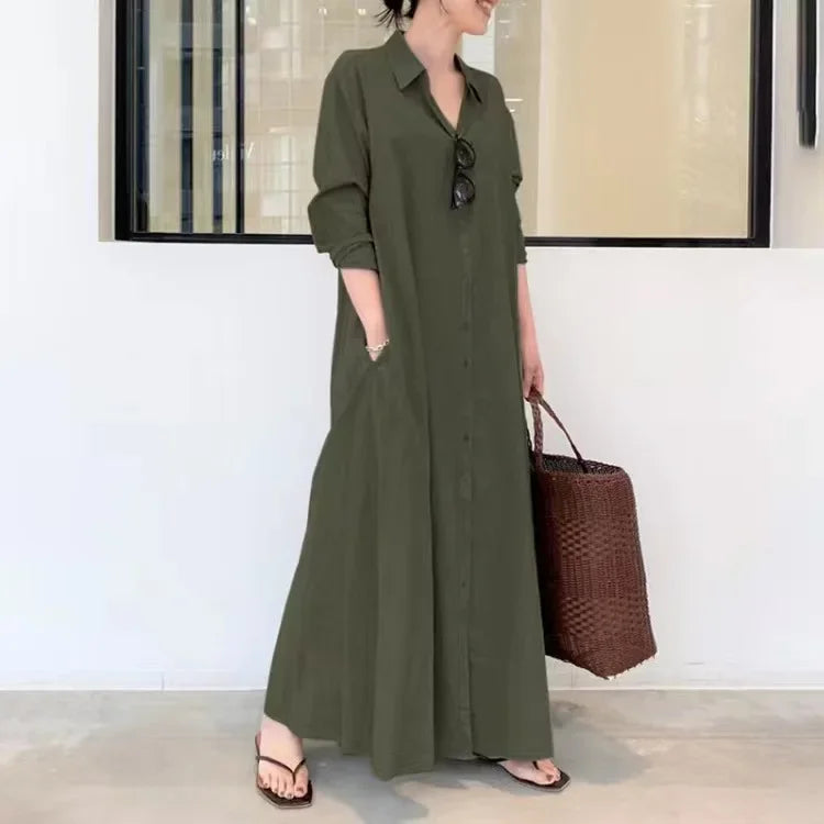 👗 Spiritual Abacus – Women’s Summer Cotton Linen Long Shirt Dress - Simple & Loose Fit • Long Sleeve • Lapel Collar • Pockets • Plus Size Friendly