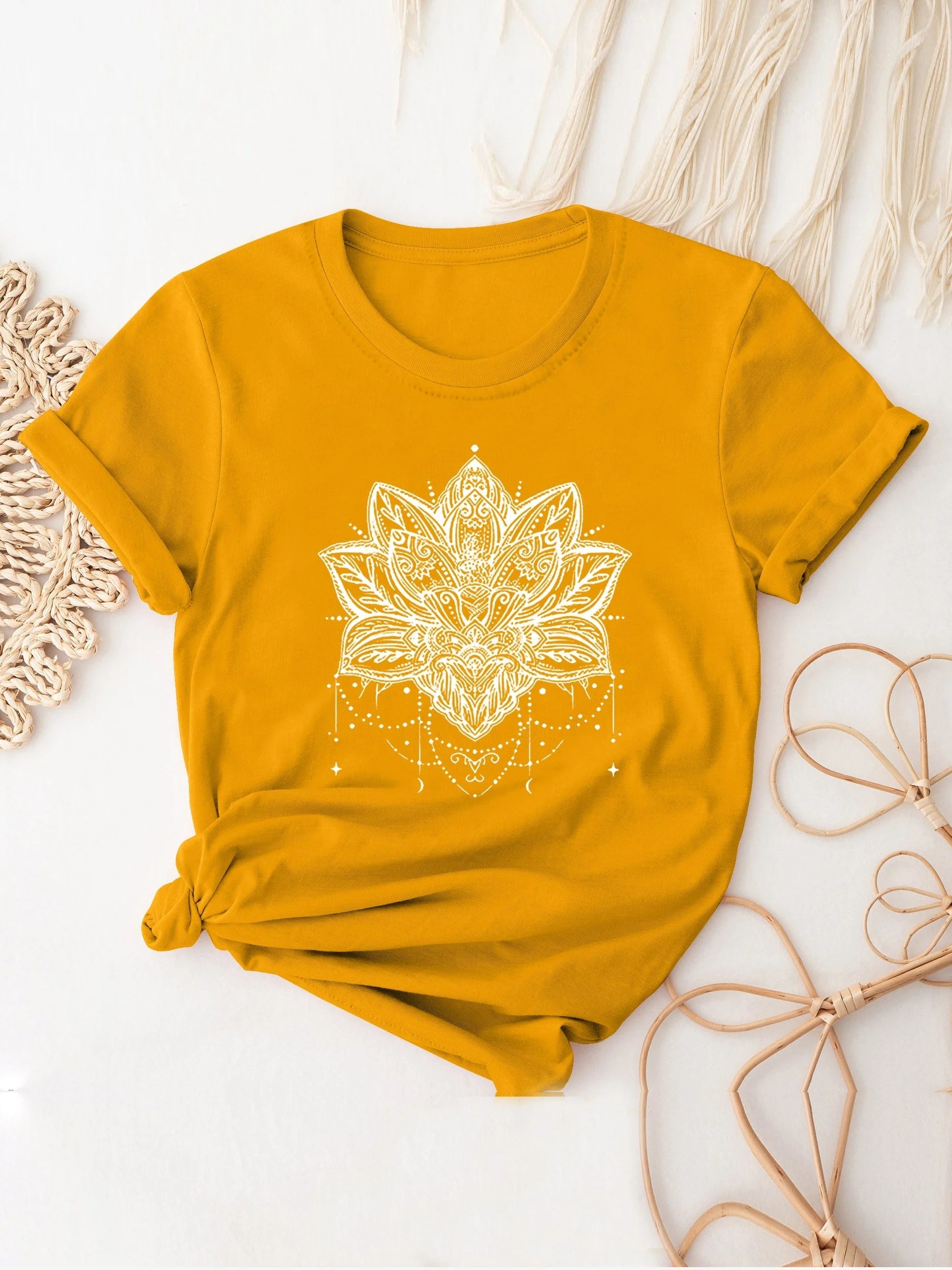 👚Spiritiual Abacus Plus Size Casual T-shirt, Women's Plus Mandala Print Short Sleeve Round Neck Slight Stretch T-shirt