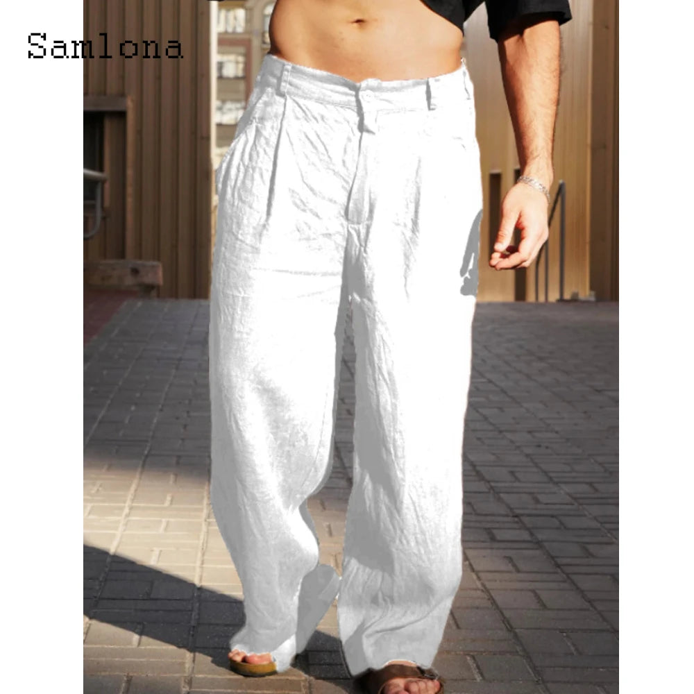 Spiritual Abacus™ Men Casual Loose Beach Pants Solid Brown White Soft Cotton Linen Trousers Plus Size