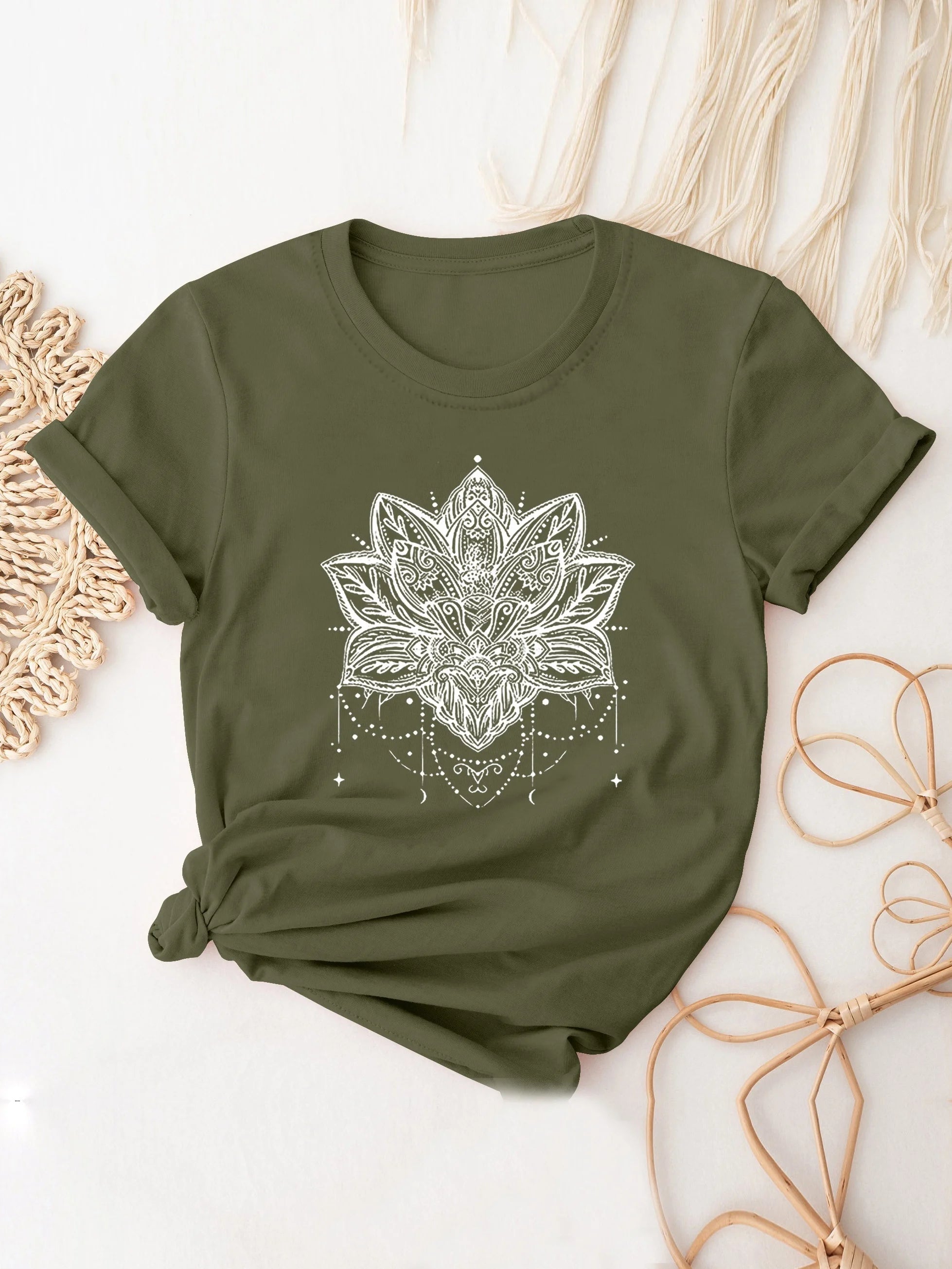 👚Spiritiual Abacus Plus Size Casual T-shirt, Women's Plus Mandala Print Short Sleeve Round Neck Slight Stretch T-shirt