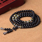 🖤 Spiritual Abacus – 108 Bead Obsidian Mala Bracelet | Om Mani Padme Hum Buddhist Prayer Beads for Men & Women
