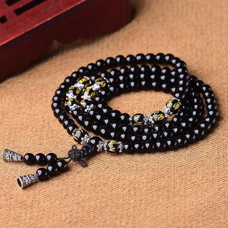 🖤 Spiritual Abacus – 108 Bead Obsidian Mala Bracelet | Om Mani Padme Hum Buddhist Prayer Beads for Men & Women