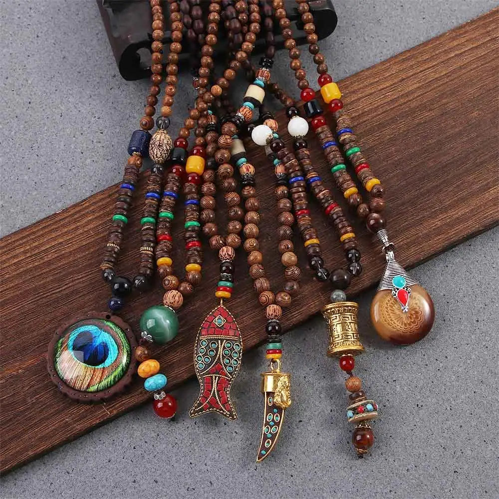📿Spiritual Abacus Ethnic Necklace – Nepal Buddhist Jewelry - Handmade Wooden Beads • Spiritual Long Necklace