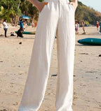 🌿 Spiritual Abacus – Women's High-Waist Cotton Linen Beach Pants - Loose Fit • Wide-Leg • Korean-Inspired Boho Trousers in Black & White