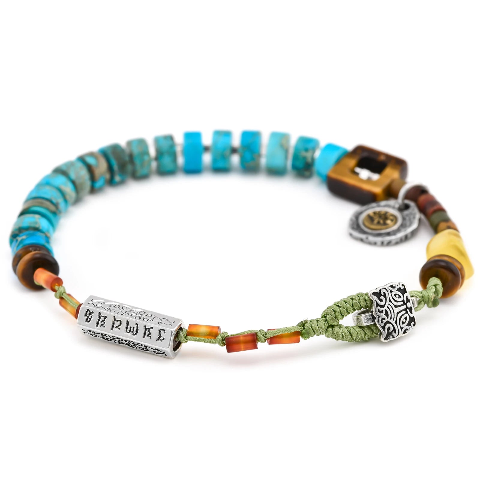 🍃 Spiritual Abacus Green Stone Handmade Bracelet – OM Lotus Charm with Tiger Eye, Amber & Jasper