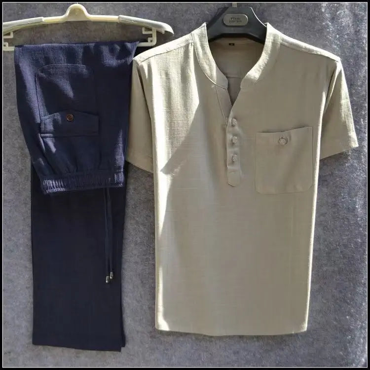 Spiritual Abacus™ Men’s Cotton-Linen Short-Sleeve Shirt & Shorts Set – Summer Casual Solid Color Outfit