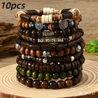 🌿 Spiritual Abacus – 10pcs Boho Ethnic Beaded Bracelet Set for Men | Multi-Layer Wooden Beads & Tree of Life Stackable Bracelets