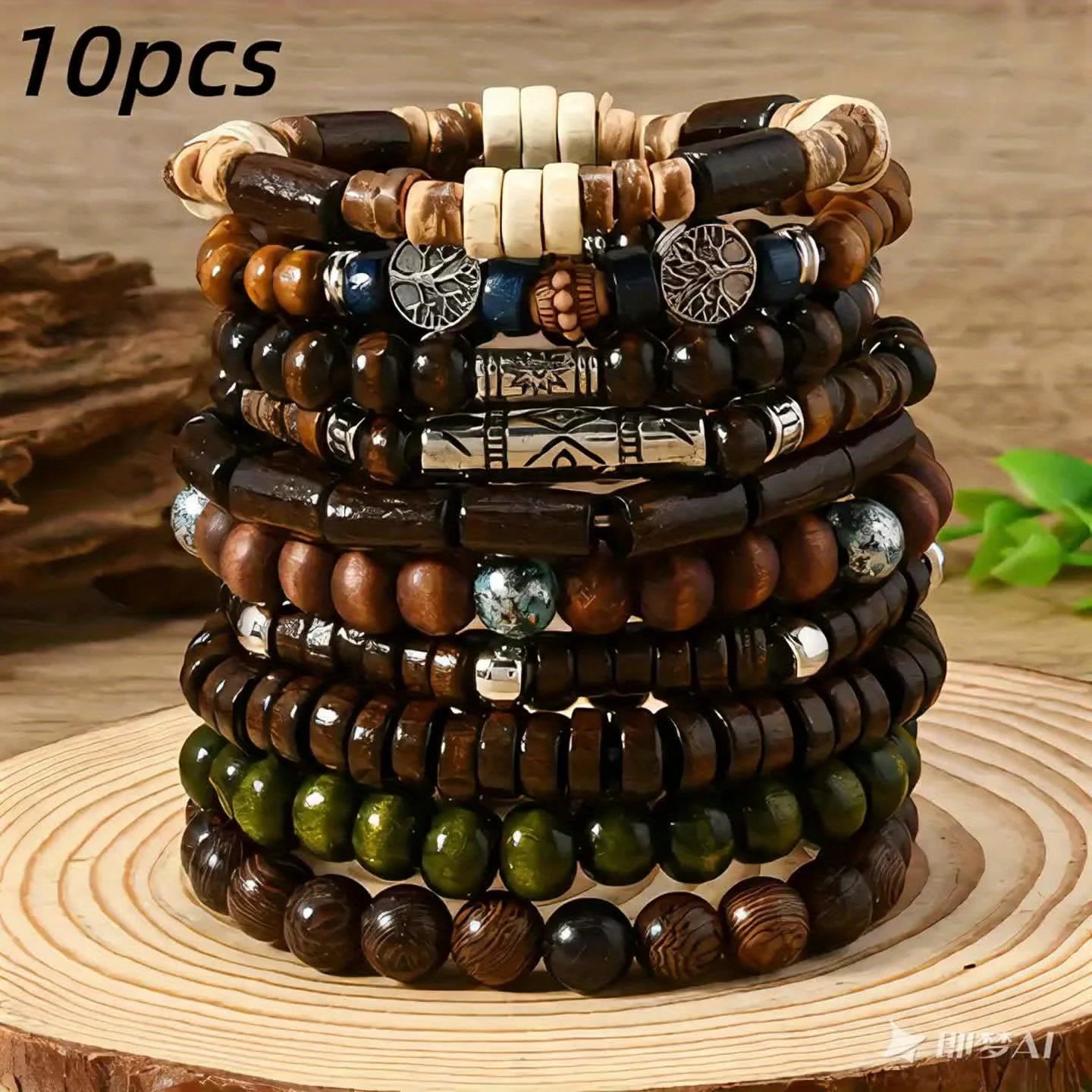 🌿 Spiritual Abacus – 10pcs Boho Ethnic Beaded Bracelet Set for Men | Multi-Layer Wooden Beads & Tree of Life Stackable Bracelets