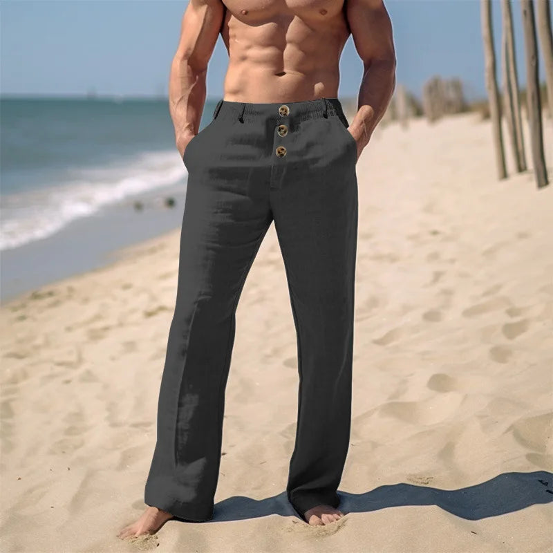 🌬️ Spiritual Abacus – Men’s Cotton Linen Casual Beach Pants - Solid Color • Buttoned • Loose Fit • Breathable Long Trousers for Spring/Summer Streetwear