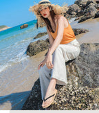 🌿 Spiritual Abacus – Women's High-Waist Cotton Linen Beach Pants - Loose Fit • Wide-Leg • Korean-Inspired Boho Trousers in Black & White