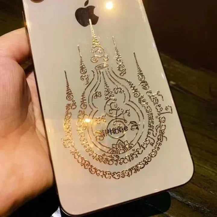 Spiritual Abacus™ Thai Nine-Tailed Red Fox & Lotus Gold Mask Buddha Metal Phone Sticker