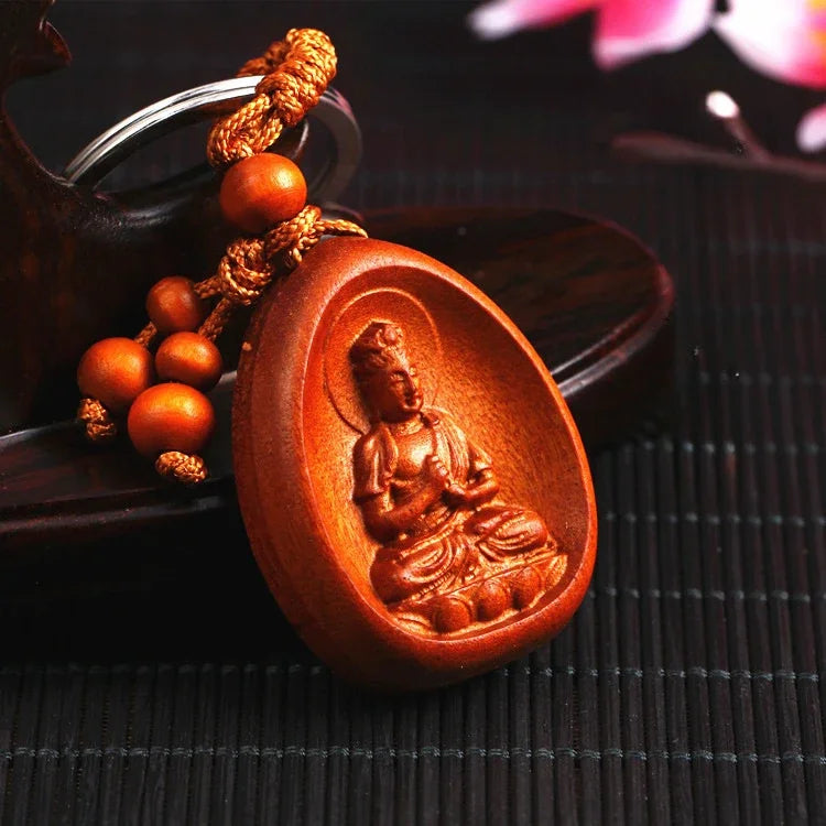 Spiritual Abacus™ Wooden Buddha Keychain – Hand-Carved Guanyin & Monk-Inspired Lucky Charm Pendant for Car, Bag & Keys