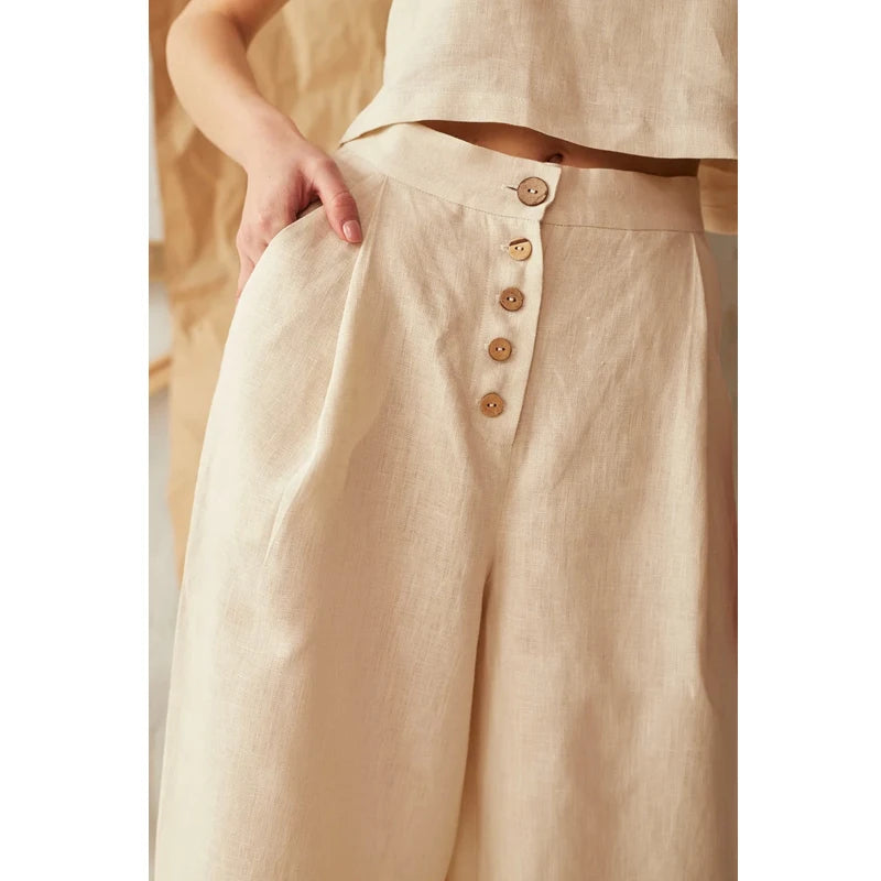 ✨ Spiritual Abacus – Women’s Cotton Linen High-Waist Wide-Leg Pants - Button-Up • Harajuku Streetwear • Korean-Inspired Casual Summer Trousers