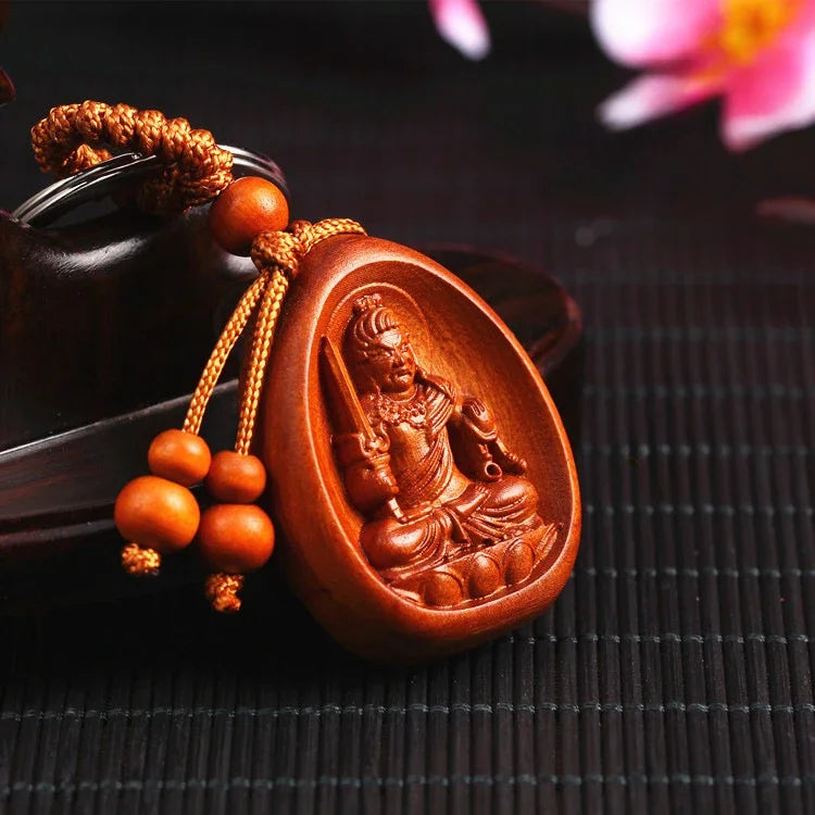 Spiritual Abacus™ Wooden Buddha Keychain – Hand-Carved Guanyin & Monk-Inspired Lucky Charm Pendant for Car, Bag & Keys