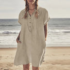 👗 Plus Size Cotton & Linen Summer Button Dress (L–5XL)
Short Sleeve • Lapel Collar • Solid Color • Loose Fit with Pockets