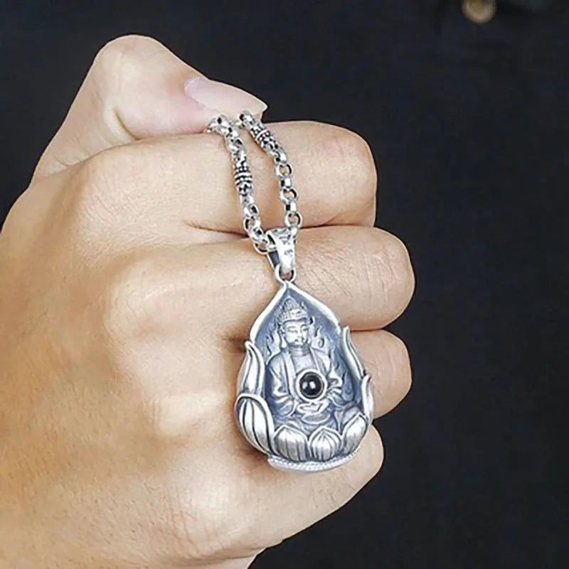 Spiritual Abacus™ 999 Sterling Silver Guanyin & Buddha Mantra Pendant – Lotus Design Retro Amulet Necklace with Six-Word Engraving