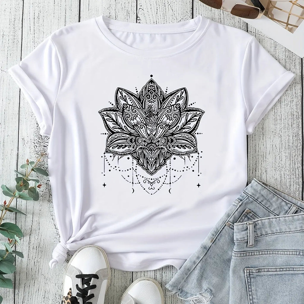 👚Spiritiual Abacus Plus Size Casual T-shirt, Women's Plus Mandala Print Short Sleeve Round Neck Slight Stretch T-shirt