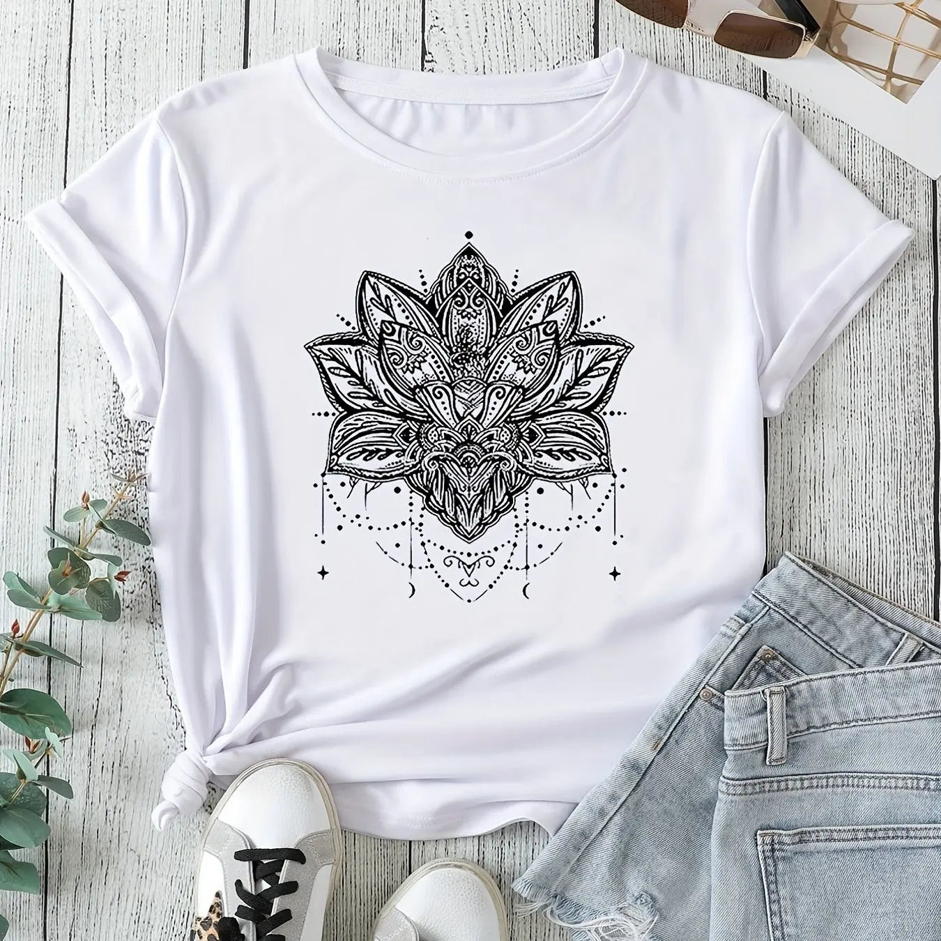 👚Spiritiual Abacus Plus Size Casual T-shirt, Women's Plus Mandala Print Short Sleeve Round Neck Slight Stretch T-shirt