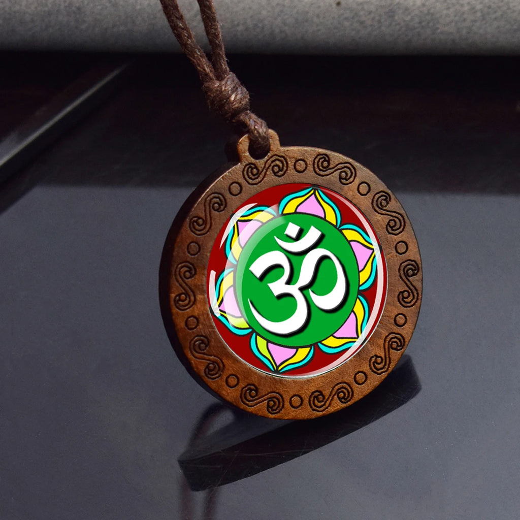 Spiritual Abacus™ Wooden OM Pendant Necklace – Symbol Glass Dome Yoga & Meditation Jewelry