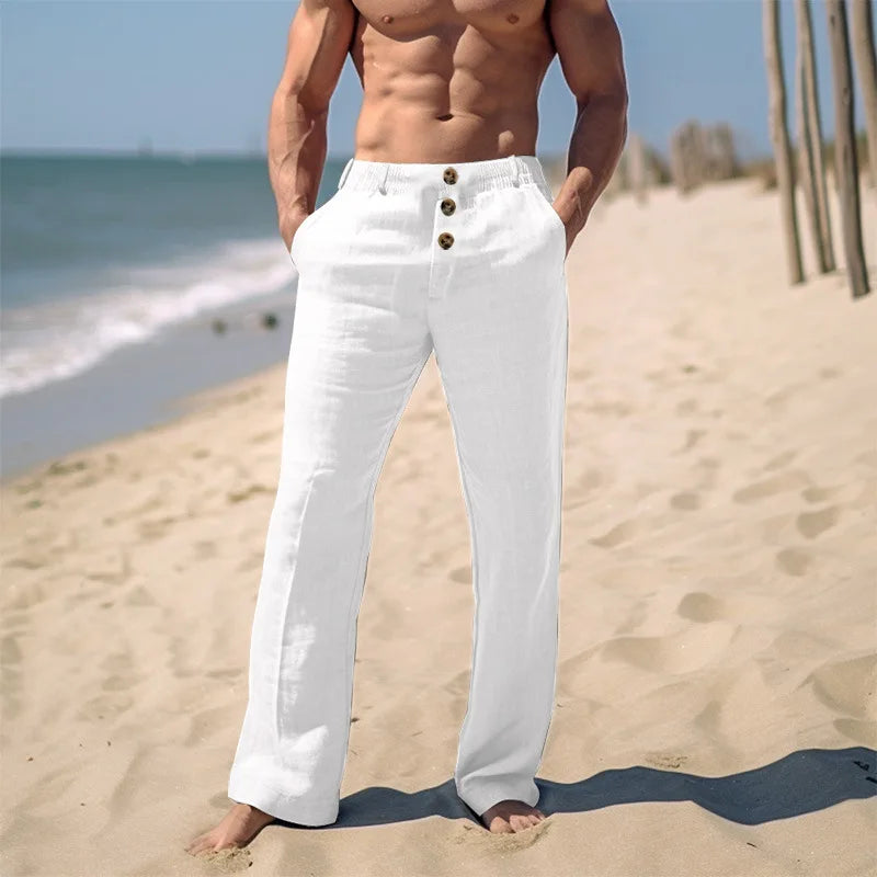 🌬️ Spiritual Abacus – Men’s Cotton Linen Casual Beach Pants - Solid Color • Buttoned • Loose Fit • Breathable Long Trousers for Spring/Summer Streetwear