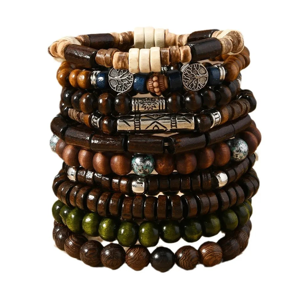 🌿 Spiritual Abacus – 10pcs Boho Ethnic Beaded Bracelet Set for Men | Multi-Layer Wooden Beads & Tree of Life Stackable Bracelets