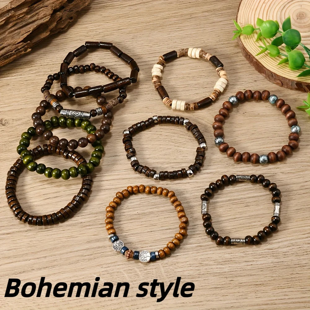 🌿 Spiritual Abacus – 10pcs Boho Ethnic Beaded Bracelet Set for Men | Multi-Layer Wooden Beads & Tree of Life Stackable Bracelets