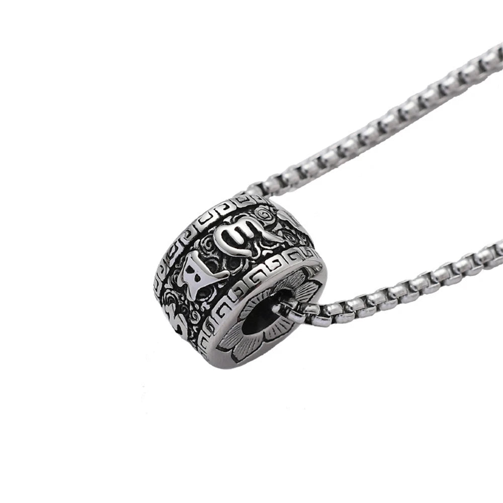 🔱 Spiritual Abacus Six-Character Mantra Necklace Vintage Stainless Steel Buddhist Pendant for Men