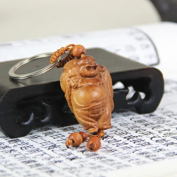 Spiritual Abacus™ Wooden Buddha Keychain – Hand-Carved Guanyin & Monk-Inspired Lucky Charm Pendant for Car, Bag & Keys