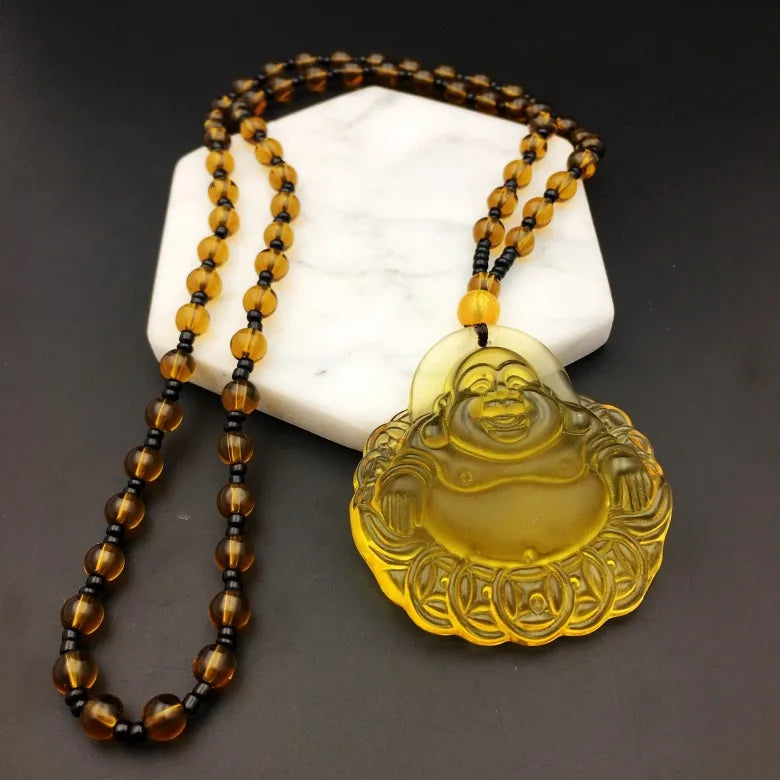 Spiritual Abacus™ Hand-Carved Ice Yellow Crystal Buddha Pendant – Fashion Charm Necklace for Mindfulness & Style