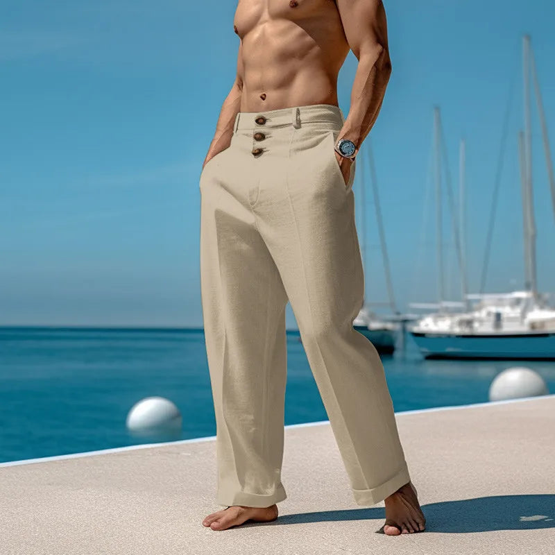 🌬️ Spiritual Abacus – Men’s Cotton Linen Casual Beach Pants - Solid Color • Buttoned • Loose Fit • Breathable Long Trousers for Spring/Summer Streetwear