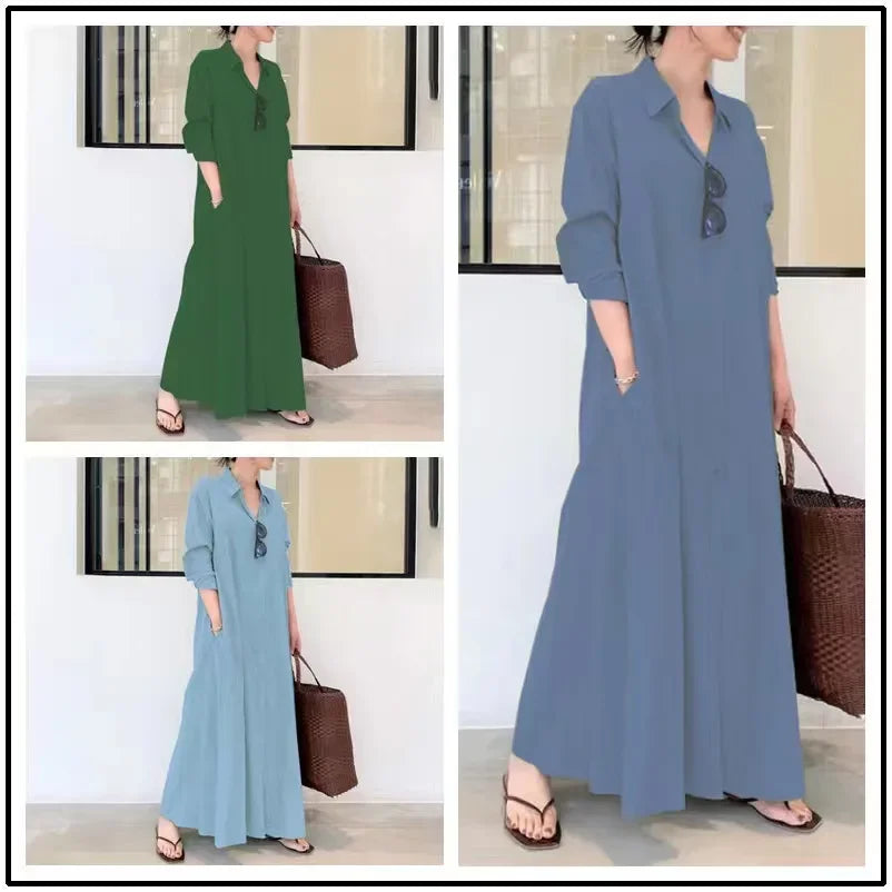 👗 Spiritual Abacus – Women’s Summer Cotton Linen Long Shirt Dress - Simple & Loose Fit • Long Sleeve • Lapel Collar • Pockets • Plus Size Friendly