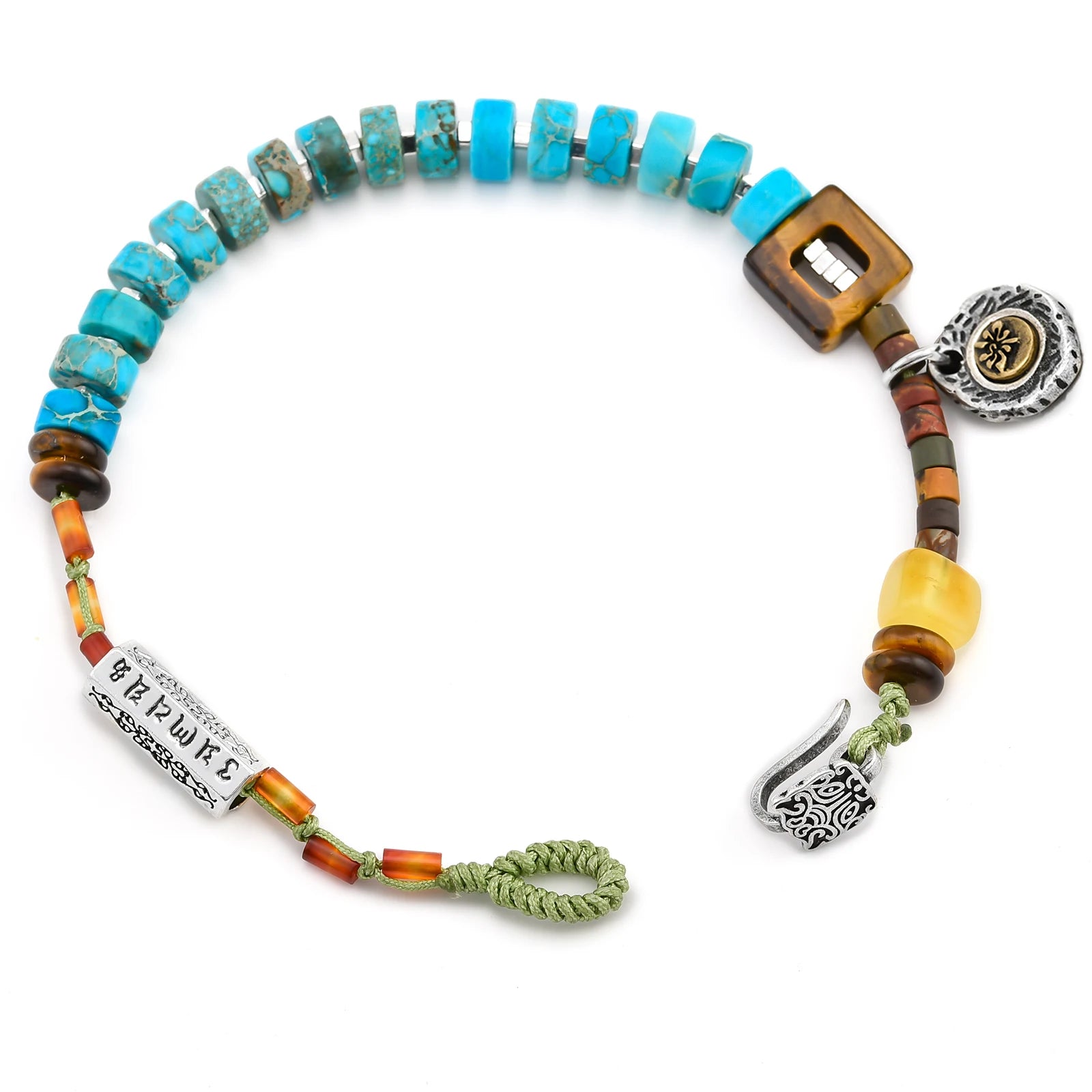 🍃 Spiritual Abacus Green Stone Handmade Bracelet – OM Lotus Charm with Tiger Eye, Amber & Jasper