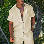 Spiritual Abacus™ Men’s Cotton Linen 2-Piece Summer Set – Short-Sleeve Shirt & Shorts Casual Outfit