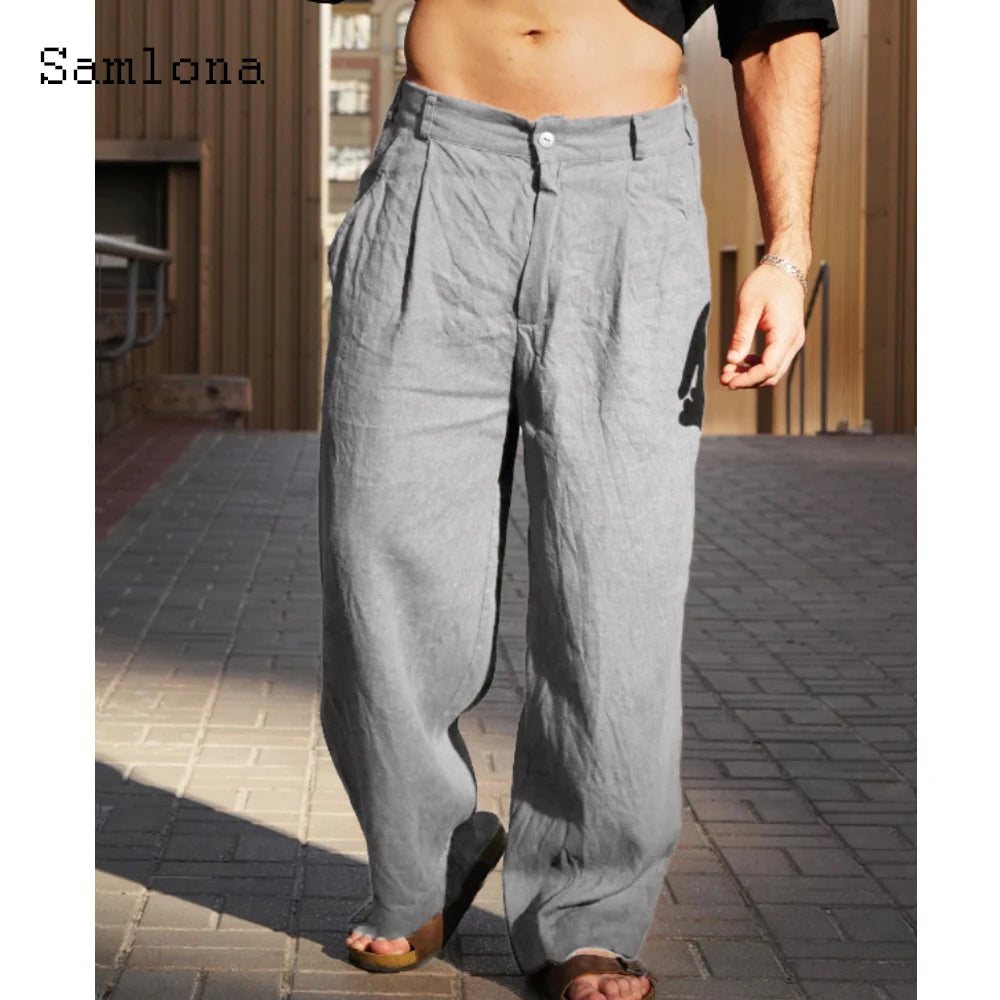 Spiritual Abacus™ Men Casual Loose Beach Pants Solid Brown White Soft Cotton Linen Trousers Plus Size