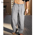 Spiritual Abacus™ Men Casual Loose Beach Pants Solid Brown White Soft Cotton Linen Trousers Plus Size