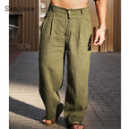 Spiritual Abacus™ Men Casual Loose Beach Pants Solid Brown White Soft Cotton Linen Trousers Plus Size