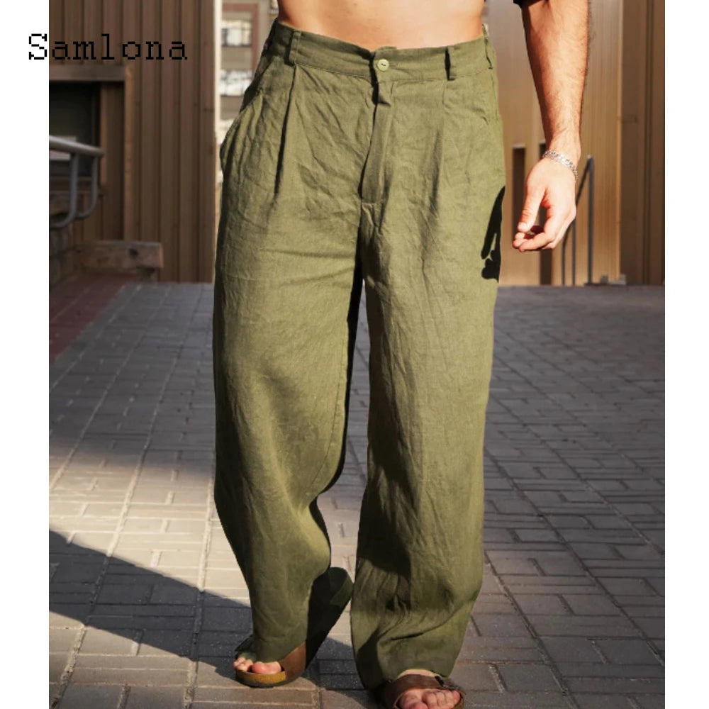 Spiritual Abacus™ Men Casual Loose Beach Pants Solid Brown White Soft Cotton Linen Trousers Plus Size
