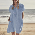👗 Plus Size Cotton & Linen Summer Button Dress (L–5XL)
Short Sleeve • Lapel Collar • Solid Color • Loose Fit with Pockets