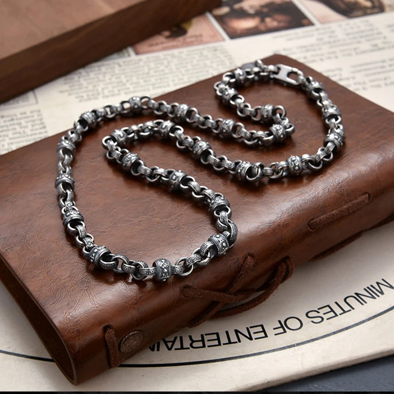 Spiritual Abacus™ Silver Six-Character Pendant Necklace – Vintage Men’s Retro Chain with Artistic Mantra Design
