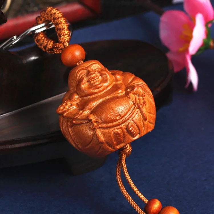 Spiritual Abacus™ Wooden Buddha Keychain – Hand-Carved Guanyin & Monk-Inspired Lucky Charm Pendant for Car, Bag & Keys