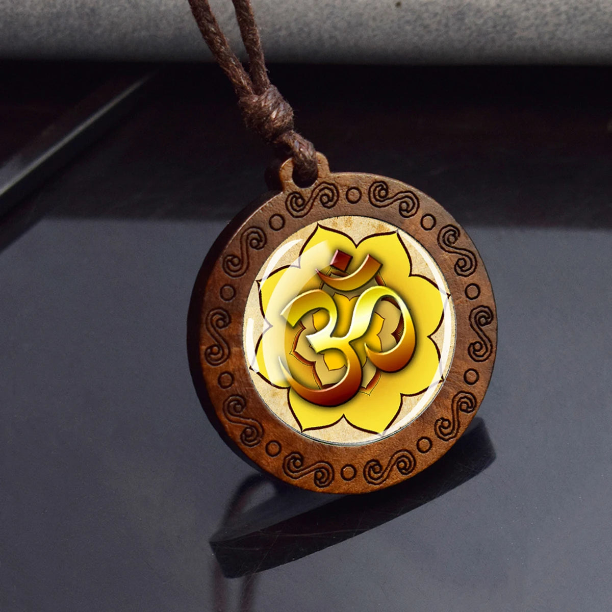 Spiritual Abacus™ Wooden OM Pendant Necklace – Symbol Glass Dome Yoga & Meditation Jewelry