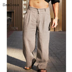 Spiritual Abacus™ Men Casual Loose Beach Pants Solid Brown White Soft Cotton Linen Trousers Plus Size