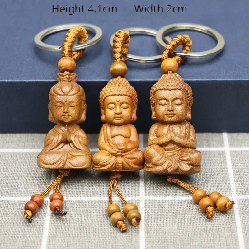 Spiritual Abacus™ Wooden Buddha Keychain – Hand-Carved Guanyin & Monk-Inspired Lucky Charm Pendant for Car, Bag & Keys